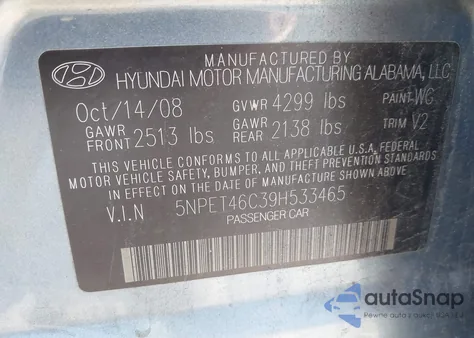 2009 Hyundai Sonata Gls from USA, damaged, VIN 5NPET46C39H533465